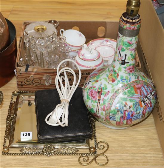 A Chinese famille rose lamp, lustre tea for two, a mirror and a collection of spirit measures etc